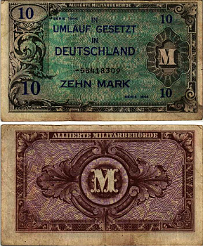 ГЕРМАНИЯ 10 МАРОК 1944 ВОСЕМЬ ЦИФР В НОМЕРЕ СЕРИИ, БЕЗ F, ВТОРАЯ МИРОАЯ ВОЙНА ОККУПАЦИЯ ГЕРМАНИИ Pick 194d бумага 7183-14-3-2