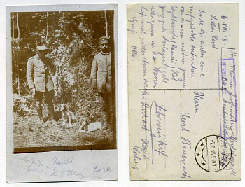 ГЕРМАНИЯ ОТКРЫТКА 1918 I-АЯ МИРОВАЯ ВОЙНА, ОФИЦЕР С СОБАКАМИ, ПИСЬМО бумага 2193-24