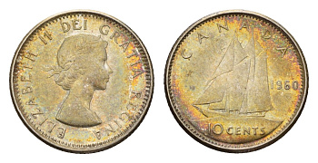 Канада 10 центов 1960 парусник, Елизавета II (1952-2022) KM 51 серебро 4669-639