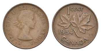 Канада 1 цент 1954 Елизавета II (1952-2022), кленовый лист, редкий год KM 49 бронза 4630-529