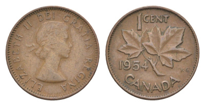 Канада 1 цент 1954 Елизавета II (1952-2022), кленовый лист, редкий год KM 49 бронза 4630-529