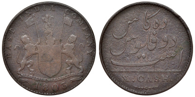 Британская Индия 10 кэш 1803 Британская Ост-Индская компания, Мадрасское президентство KM 319 медь 4116-732