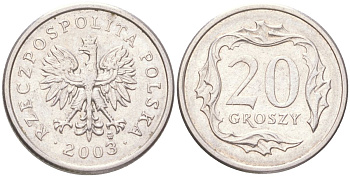 Польша 20 грошей 2003 Y 280 медно-никель UNC 4614-328