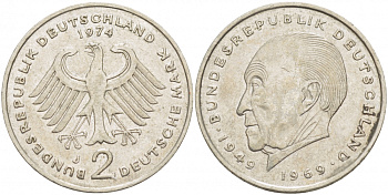 ФРГ 2 МАРКИ 1974 J, КОНРАД АДЕНАУЭР KM 124, J. 406 медно-никель плакированный никелем 3718-1112