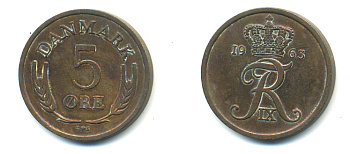 ДАНИЯ 5 ЭРЕ 1963 C; S, ФРЕДЕРИК IX (1947-1972) KM 848.1 бронза 176-535