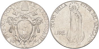 Ватикан 1 лира 1941 Пий XII, Дева Мария KM 26 a сталь UNC 63-1031