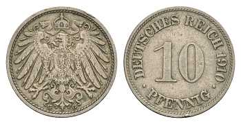Германия 10 пфеннигов 1910 G, Вильгельм II (1888-1918) KM 12, J. 13 медно-никель 4644-1169