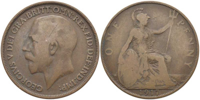 Великобритания 1 пенни 1917 Георг V (1910-1936) KM 810, Spink 4051 бронза 115-112