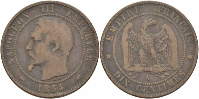 ФРАНЦИЯ 10 САНТИМОВ 1854 A, НАПОЛЕОН III (1852-1870) KM 771.1, LE FRANC 133.10 бронза 38-1011