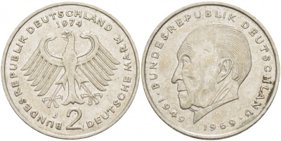 ФРГ 2 МАРКИ 1974 J, КОНРАД АДЕНАУЭР KM 124, J. 406 медно-никель плакированный никелем 3718-1112
