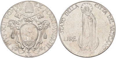 Ватикан 1 лира 1941 Пий XII, Дева Мария KM 26 a сталь UNC 63-1031