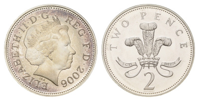 Великобритания 2 пенса 2006 Елизавета II (1952-2022), тираж 8.000 экземпляров KM 987b, Spink C5 серебро PROOF 1095-8-41