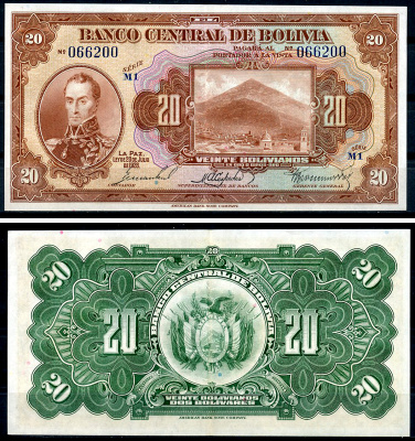 Боливия 20 боливиано 1928 Симон Боливар, Потоси, серия M1 Pick 122 a (7)  бумага  aUNC 444-2-3-1