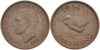 Великобритания 1 фартинг 1944 Георг VI (1936-1952) KM 843, Spink 4116 бронза 4154-258