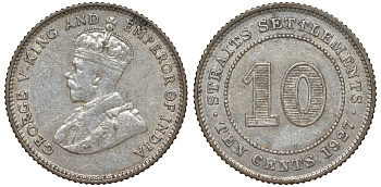 Стрейтс-Сетлментс 10 центов 1927 Георг V (1910-1936) КМ 29b серебро 53-725