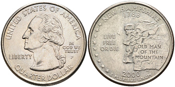 США 25 центов = квотер 2000 Р, серия штаты США, Нью-Гэмпшир KM 308 медь плакированная медно-никелем 4586-137