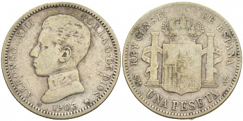 ИСПАНИЯ 1 ПЕСЕТА 1903 (03) SM-V, АЛЬФОНСО XIII (1886-1931) KM 721 серебро 186-136
