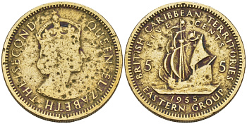 Британские Восточно-Карибские территории 5 центов 1955 Елизавета II (1952-2022), парусник KM 4 никель латунь 67-616