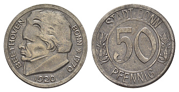 Бонн 50 пфеннигов 1920 Северный Рейн-Вестфалия Funck 51.3A, Men05 3220.5, Men18 4134.5 железо 4638-124