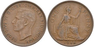 Великобритания 1 пенни 1948 Георг VI (1936-1952) KM 845, Spink 4114 бронза 4574-144