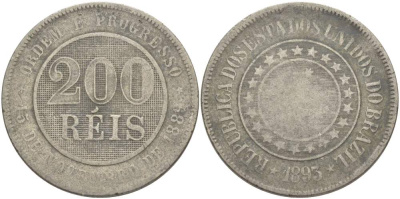 БРАЗИЛИЯ 200 РЕЙС 1889 ПЕДРО II (1831-1889) KM 484 медно-никель 4517-1224