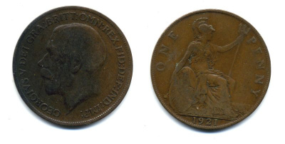 Великобритания 1 пенни 1921 Георг V (1910-1936) KM 810, Spink 4051 бронза 47-521