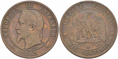 Франция 10 сантимов 1863 A, Наполеон III (1852-1870) KM 798.1, Le Franc 134.8 бронза 4389-226