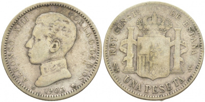 ИСПАНИЯ 1 ПЕСЕТА 1903 (03) SM-V, АЛЬФОНСО XIII (1886-1931) KM 721 серебро 186-136