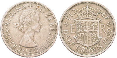 Великобритания 1/2 кроны 1960 Елизавета II (1952-2022) KM?907, Spink 4145 медно-никель 4165-1226