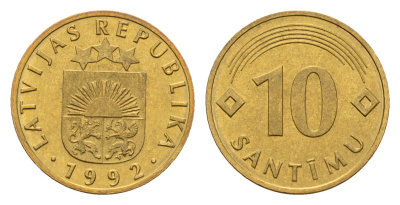 Латвия 10 сантимов 1992 KM 17 никель латунь UNC 4679-314