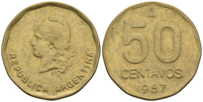 Аргентина 50 сентаво 1987 голова свободы влево KM 99, Schon 99 латунь    60-1047
