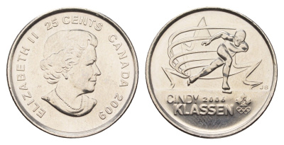 Канада 25 центов 2009 Синди Классен - шестикратный призёр Олимпийских игр KM 1065 сталь плакированная никелем UNC 110-327