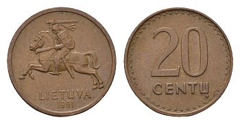 Литва 20 центов (сентов) 1991 KM 89 бронза 4694-1235