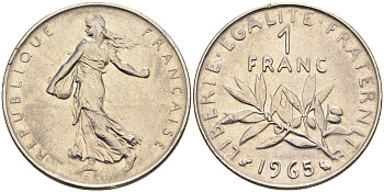 Франция 1 франк 1965 сеятель KM 925.1, Le Franc 226.9 никель    4177-243