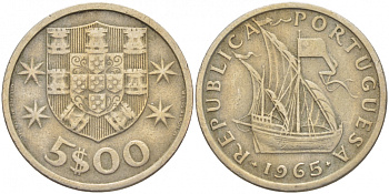 ПОРТУГАЛИЯ 5 ЭСКУДО 1965 ПАРУСНИК KM 591 медно-никель 3718-452