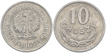 ПОЛЬША 10 ГРОШЕЙ 1965 MW KM АА47 алюминий 4549-258