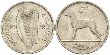 ИРЛАНДИЯ 6 ПЕНСОВ 1928 ИРЛАНДСКИЙ ВОЛКОДАВ KM 5 никель 213-932