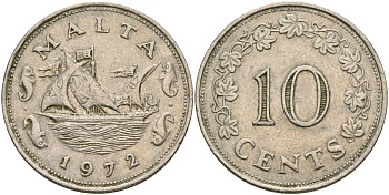 Мальта 10 центов 1972 баржа Великого магистра KM 11 медно-никель 4137-923