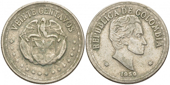 КОЛУМБИЯ 20 СЕНТАВО 1959 СИМОН БОЛИВАР KM 215.1 медно-никель 4448-835