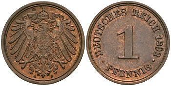 Германия 1 пфенниг 1892 A, Вильгельм II (1888-1918) KM 10, J. 10 медь 4608-562