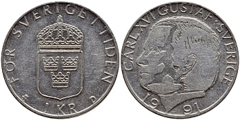 Швеция 1 крона 1991 Карл XVI Густав (1973- ) KM 852a медно-никель 4390-1153