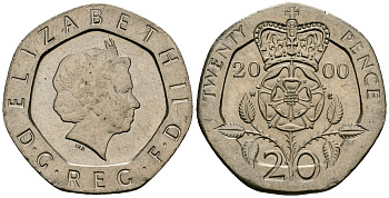Великобритания 20 пенсов 2000 Елизавета II (1952-2022) KM 990, Spink 4630 (G3) медно-никель 4544-527