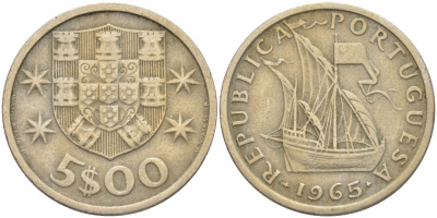 ПОРТУГАЛИЯ 5 ЭСКУДО 1965 ПАРУСНИК KM 591 медно-никель 3718-452
