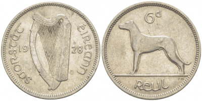Ирландия 6 пенсов 1928 собака, ирландский волкодав KM 5 никель 213-932