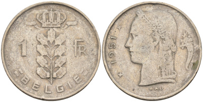 Бельгия 1 франк 1951 Belgie KM 143.1 медно-никель    4592-1236