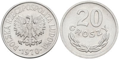 ПОЛЬША 20 ГРОШЕЙ 1970 MW KM А47 алюминий 192-419