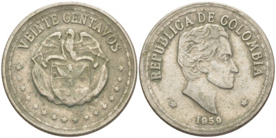 КОЛУМБИЯ 20 СЕНТАВО 1959 СИМОН БОЛИВАР KM 215.1 медно-никель 4448-835