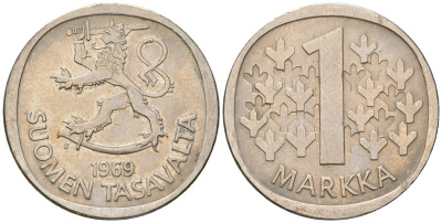 Финляндия 1 марка 1969 S KM 49a медно-никель 4586-543