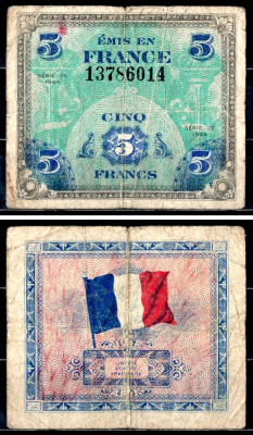 Франция 5 Франков 1944 Pick 115 a бумага 6312-21-2-2