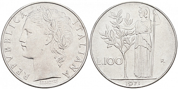 Италия 100 лир 1971 R, Афина KM 96.1 нержавеющая сталь 3855-812